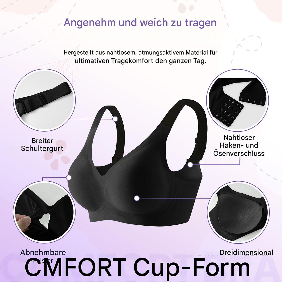 Weich, atmungsaktiv und mit herausnehmbaren Pads